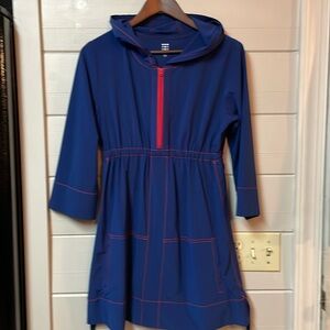 Title Nine Swelter Shelter Hooded Dress Long Sleeve Summer Blue with Pink
